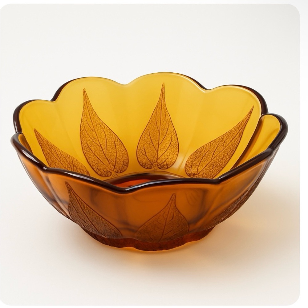 Vintage Amber Glass Bowl with Leaf Design